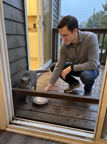 Todd, AI character: his small back deck in Charlotte at 6:30 in the evening, damp wood boards and a covered food bowl near the…