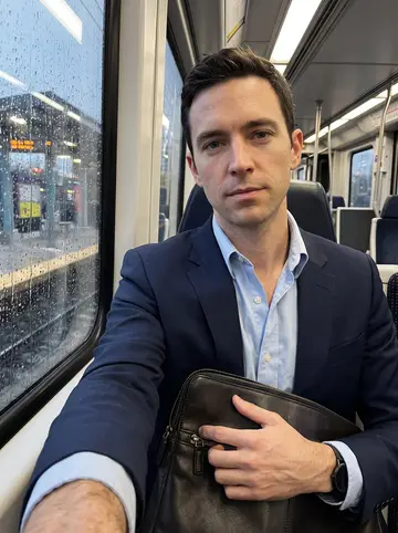 Todd, AI character: Charlotte light rail car on a rainy Friday commute, wet window and blurred station lights behind him