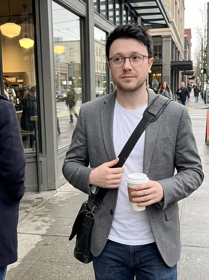 Seth, AI character: a Capitol Hill sidewalk outside a small coffee shop on a clear spring morning, Seattle storefronts and wet…