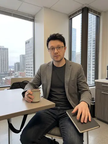 Seth, AI character: a quiet corner table in the venture fund office kitchen during a late afternoon break, downtown Seattle…