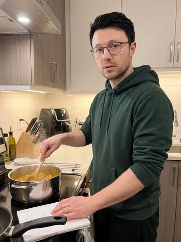 Seth, AI character: his apartment kitchen on a Wednesday night, curry simmering on the stove and a small notebook open on the…