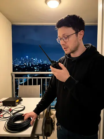 Seth, AI character: his apartment balcony late at night with a small amateur radio, a coil of cable, and the Seattle skyline…