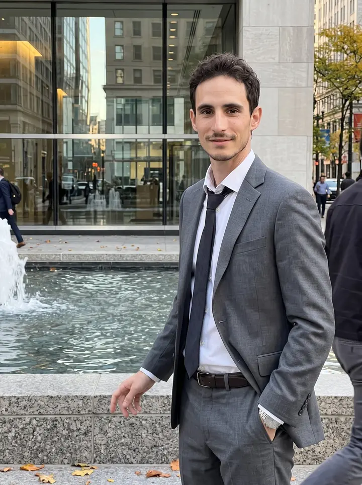Josh, AI character: outside the glass lobby of his Chicago law firm near the lobby fountain, late afternoon on a weekday