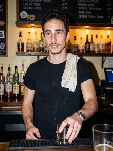Josh, AI character: behind the bar at his uncle Mickey's neighborhood dive bar on a cold Saturday night