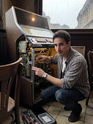 Josh, AI character: the back corner of Mickey's bar before opening, jukebox panel propped open while rain streaks the front window