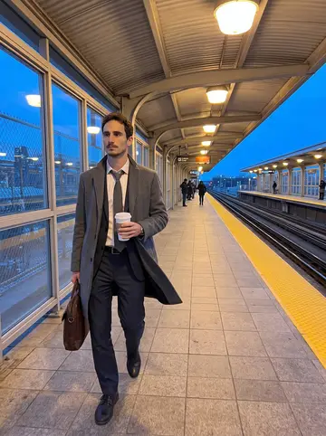 Josh, AI character: a CTA platform in Chicago after work, blue evening outside the station glass
