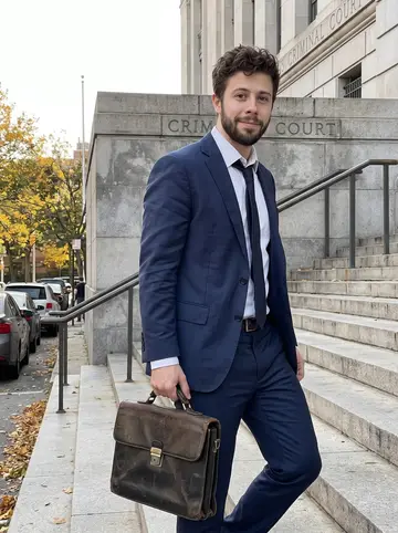 Eddie, AI character: outside the Queens Criminal Court after a long afternoon hearing, courthouse steps and parked cars behind him
