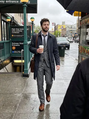 Eddie, AI character: Astoria subway entrance on a wet spring morning, pavement dark with rain and a halal cart at the corner