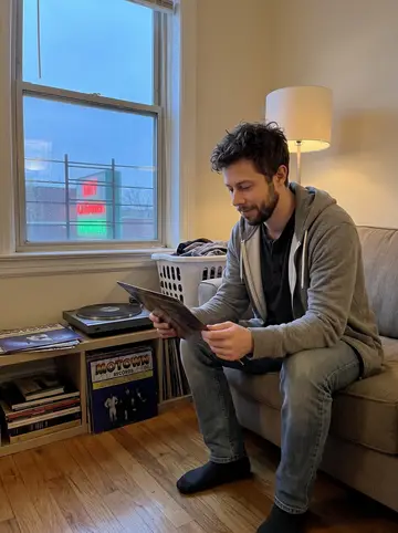 Eddie, AI character: his apartment above the dry cleaner, Motown records spread beside an old turntable on a low shelf