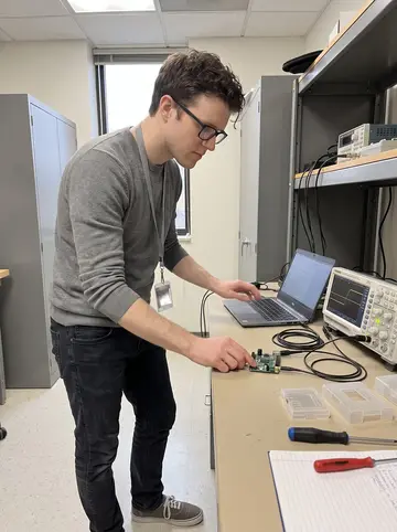 Zachary, AI character: a small medical-device testing room in Madison, with a workbench, laptop, oscilloscope, cables, and…