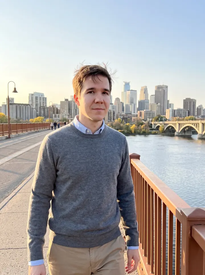 Karl, AI character: the Stone Arch Bridge in Minneapolis on a clear autumn late afternoon, downtown and the river behind him