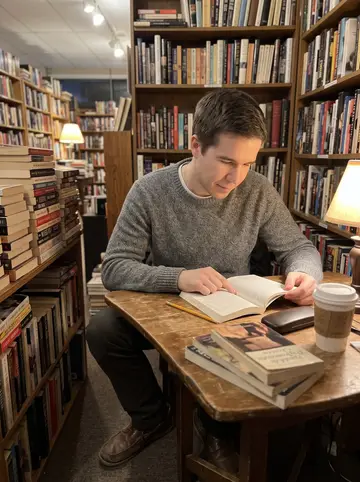 Karl, AI character: a used bookstore reading table in Minneapolis, stacks of secondhand paperbacks with margin notes around him