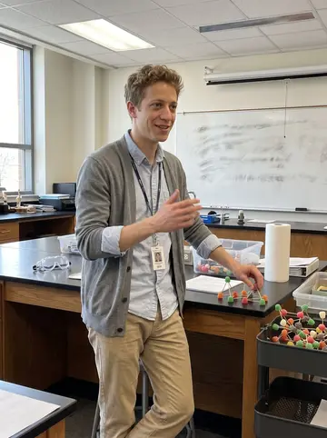 Devin, AI character: a community college chemistry classroom in Dayton, whiteboard, lab benches, and a cart of gumdrop molecule…