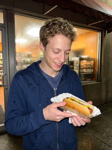 Devin, AI character: outside a small Dayton corner store after a damp evening game, under the awning by the hot dog warmer window