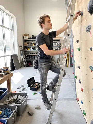 Drew, AI character: the route-setting area of the climbing gym on a Monday morning, foam mats and bins of plastic holds around…