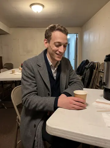 Andy, AI character: a church basement Thursday evening meeting in Rochester, folding chairs and coffee urns behind him