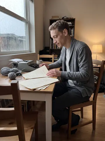 Andy, AI character: his apartment dining table on a rainy Saturday, old film script pages beside a stenotype machine and a…