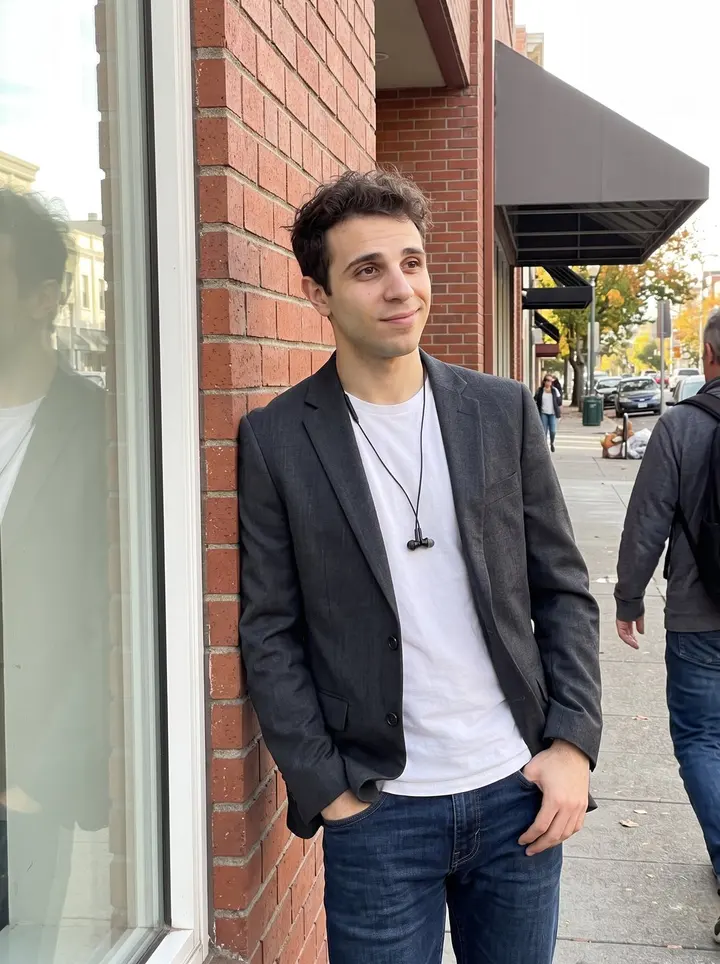 Enrique, AI character: a Midtown Sacramento sidewalk outside a small sandwich shop with a brick wall and late afternoon street…