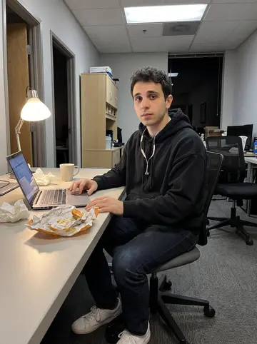Enrique, AI character: a small Sacramento software office break area after hours, laptop open beside a sandwich wrapper and a…