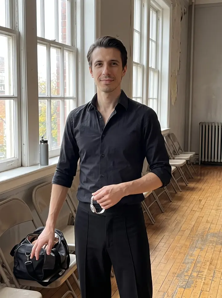 Kristian, AI character: the old ballroom practice room above a funeral home in Baltimore, late afternoon, wooden floor and tall…