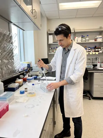 Kristian, AI character: a research lab at work in Baltimore, glassware rack and small labeled containers on the bench