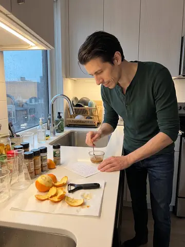 Kristian, AI character: his apartment kitchen on a rainy spring evening, beakers and spice jars lined up beside citrus peels on…