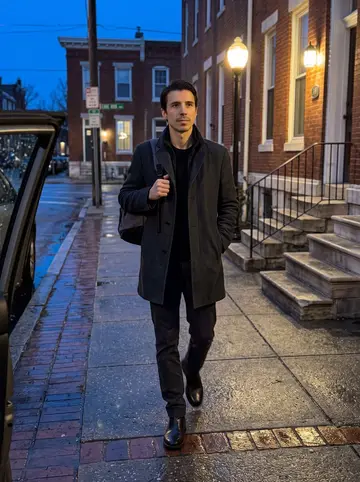 Kristian, AI character: a quiet Baltimore sidewalk near Mount Vernon after midnight, wet pavement and rowhouse steps in the background