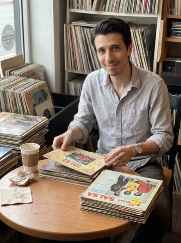 Kristian, AI character: a small record shop cafe in Baltimore, old salsa records stacked on a round table