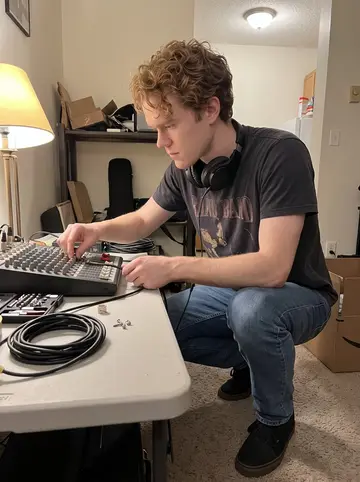 Charlie, AI character: his apartment work corner in Scranton, crouched beside an old mixing board on a folding table with neatly…