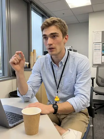 Dillon, AI character: software company break area in Chicago, sitting at a small table with a paper cup and laptop during a…