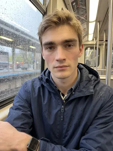 Dillon, AI character: inside a CTA train by the rain-streaked window on the way to work