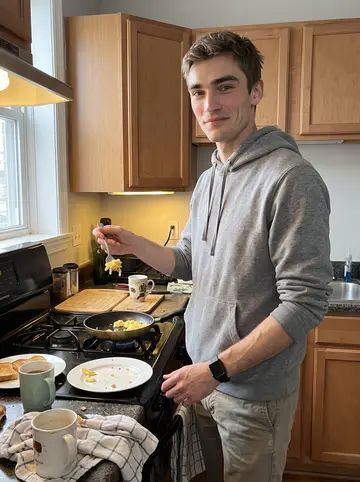 Dillon, AI character: shared apartment kitchen on a Saturday morning in Chicago, pans and breakfast plates on the counter