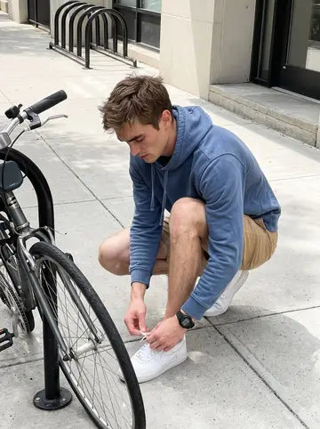 Dillon, AI character: outside his apartment building by the bike rack, crouched beside his bike before a Sunday lakefront ride