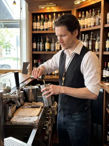 Donovan, AI character: behind the wooden bar at his Savannah workplace during quiet afternoon prep before opening