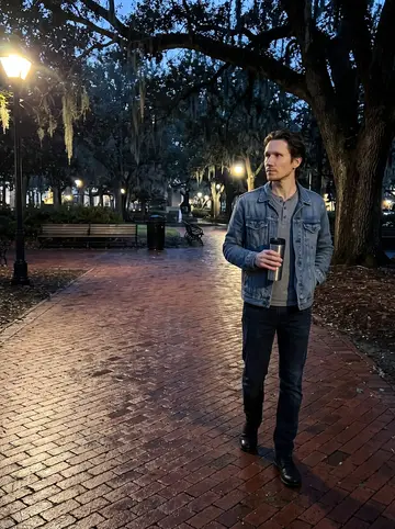 Donovan, AI character: walking through one of the quiet Savannah squares after midnight with wet brick paths and dark oak…