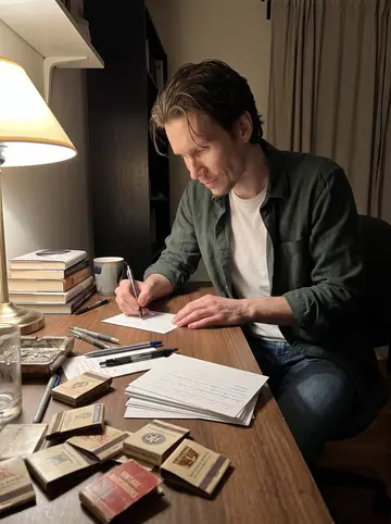 Donovan, AI character: his small apartment desk with vintage matchbooks from closed Savannah bars spread beside blank index cards
