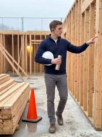 Richard, AI character: a Dallas construction site at 6am, damp concrete, temporary fencing, stacks of lumber and orange cones…