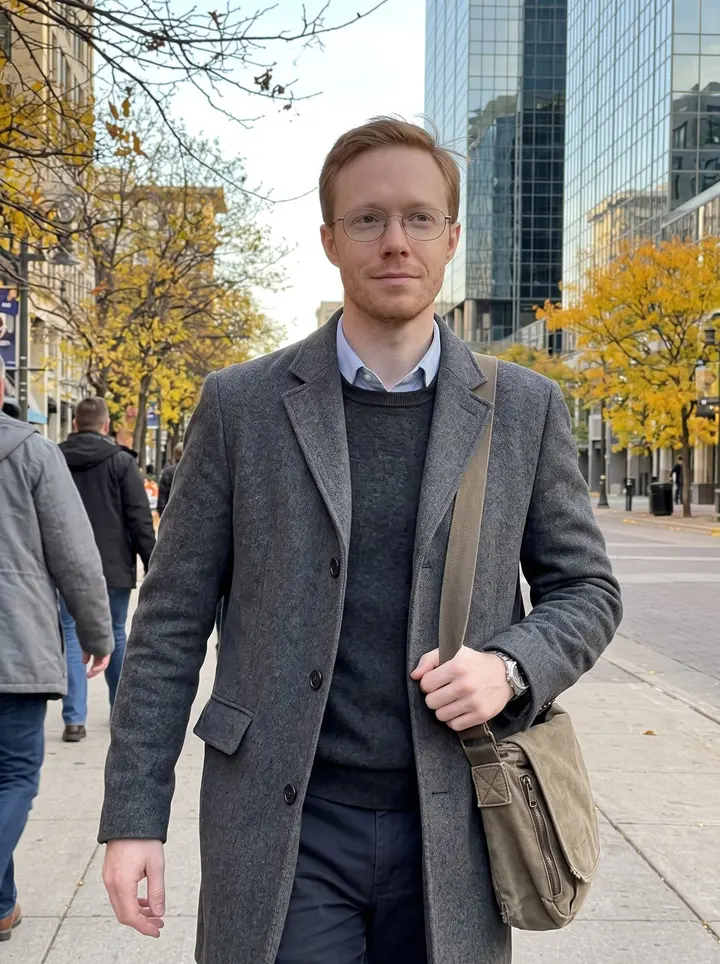 Scott, AI character: Nicollet Mall in downtown Minneapolis after work, glass office towers and yellow autumn trees behind him