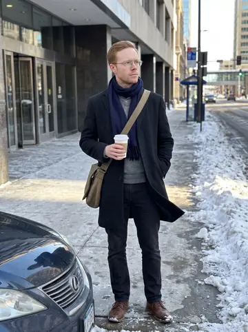Scott, AI character: outside a downtown Minneapolis office lobby at lunchtime, snow piled along the curb