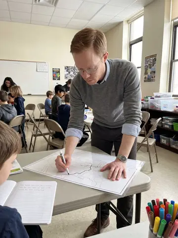Scott, AI character: a community center classroom in South Minneapolis during his Saturday history club, folding tables covered…