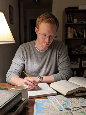 Scott, AI character: his small Minneapolis apartment dining table late at night, stacks of military history books and city maps…