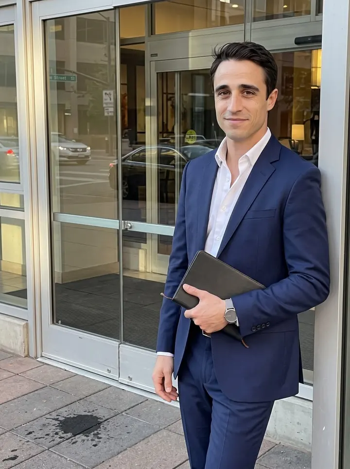 Zak, AI character: outside a Denver convention hotel after a grocery trade show, glass doors and late-afternoon downtown…