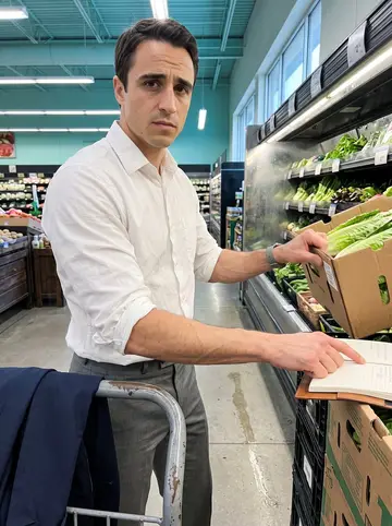 Zak, AI character: a regional grocery store produce aisle in Denver before opening, stacks of lettuce crates and misted…