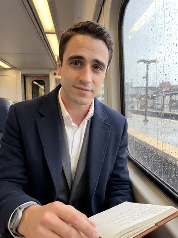 Zak, AI character: inside an RTD train on a rainy Denver morning, wet window glass and blurred station lights behind him