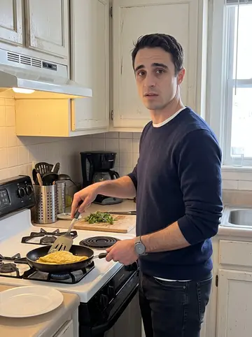 Zak, AI character: his tidy Denver apartment kitchen on a Sunday morning, pan on the stove and a cutting board with herbs nearby