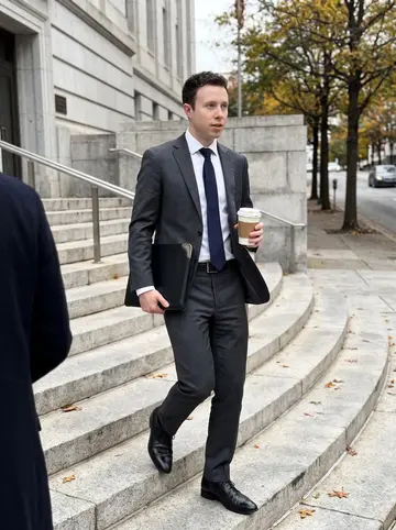 Jaylen, AI character: outside the federal courthouse in downtown Atlanta on a cloudy weekday morning