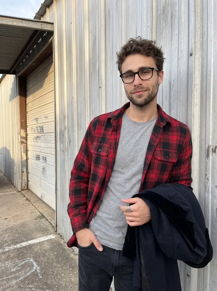 Stephen, AI character: outside the rented wrestling warehouse in East Austin, leaning against the corrugated metal wall with his…