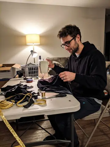 Stephen, AI character: his Austin apartment living room at night, thrift-store sewing machine on a folding table, scraps of dark…