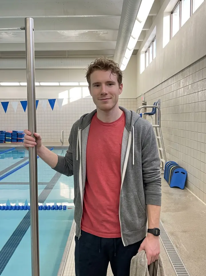 Mason, AI character: inside the community Y pool area in Columbus just after early laps, leaning on the metal railing beside…