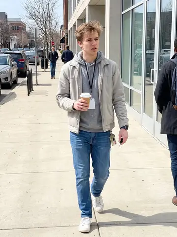 Mason, AI character: sidewalk outside a small Columbus office building during a break from his junior developer job